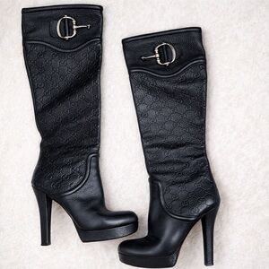 Gucci Black GG Embossed Horsebit Leather Knee-High Heeled Boots 38.5- 8-8.5